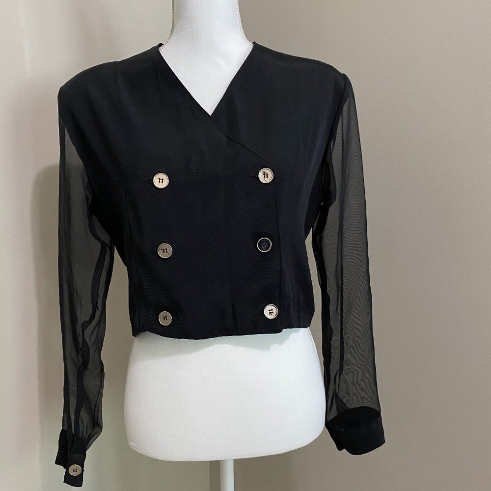 1980's Vintage Small Black Double Breasted Top With Sheer Sleeves